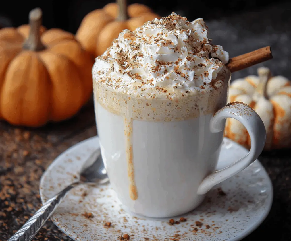 Creamy pumpkin spice white hot chocolate topped with whipped cream and a cinnamon stick in a cozy mug, perfect for fall indulgence.