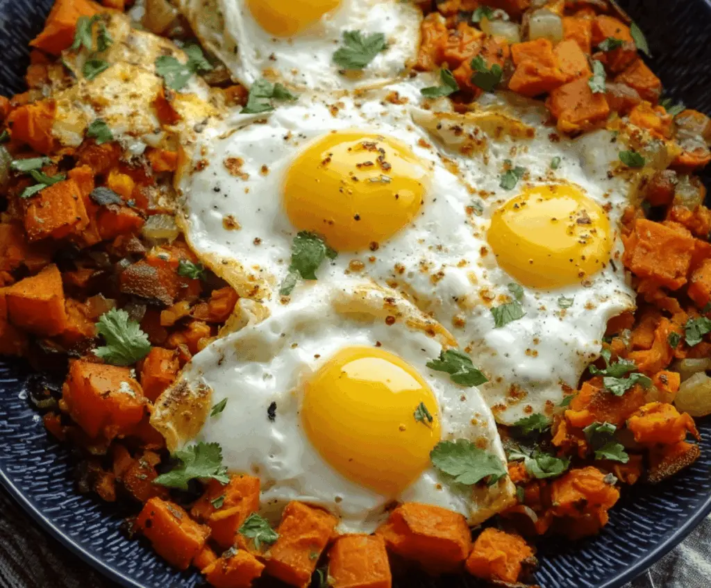 Colorful sweet potato breakfast hash with sautéed vegetables and sunny-side-up eggs, perfect for a nutritious morning meal.
